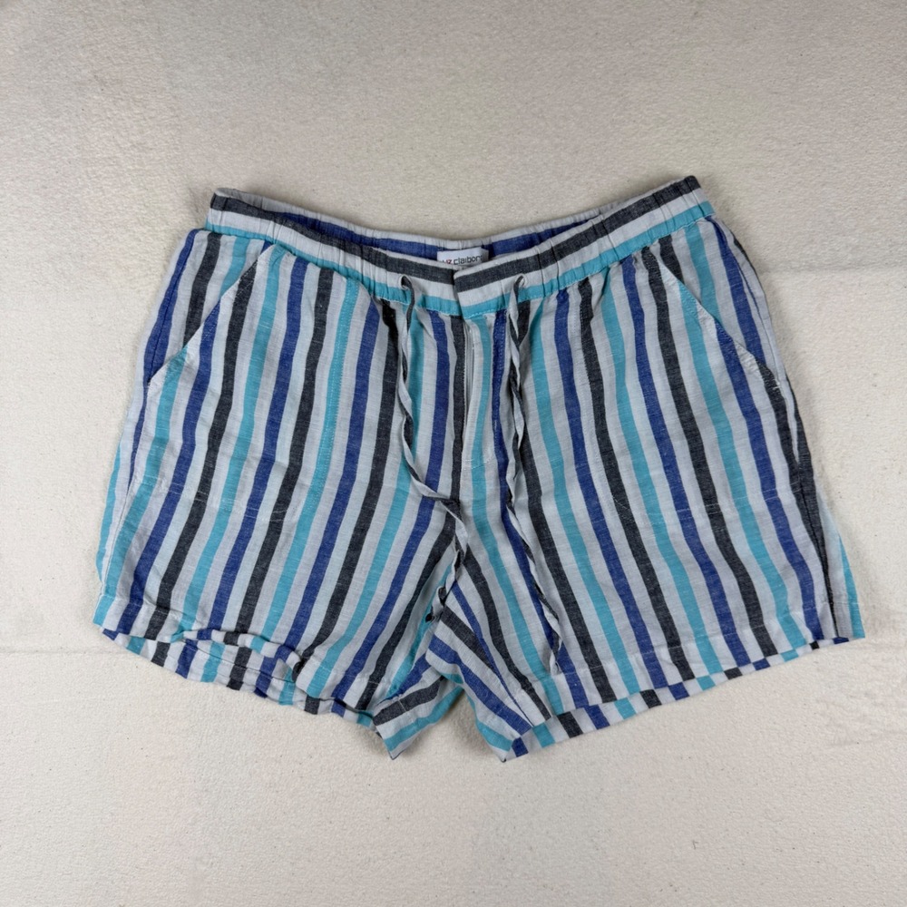 Liz Claiborne Blue Striped Linen Blend Drawstring Shorts Womens Small Pocketed